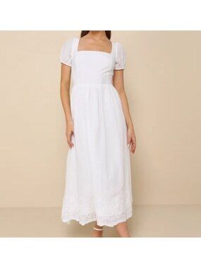 Lulus White Midi Dress With Puff Sleeves & Eyelet Hem Medium